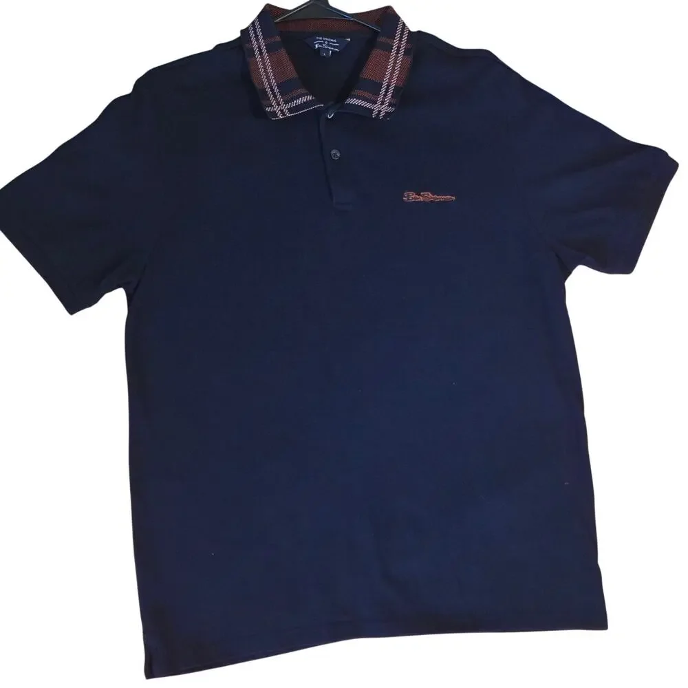Ben Sherman Pique Polo Shirt Navy Blue with Tartan Plaid Design Collar sz L - Picture 4 of 11